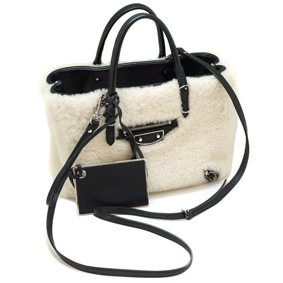 Balenciaga Paper 2WAY Bag Shearling Handbag Shoulder Tote Black Off-White - Picture 14 of 15